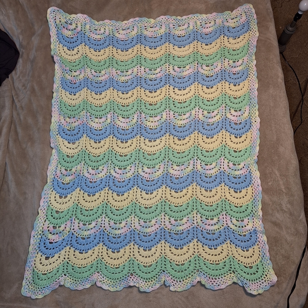 Handmade Crochet Afghan Blanket Lap Throw Colorful Striped Pastel Baby 33inX52in